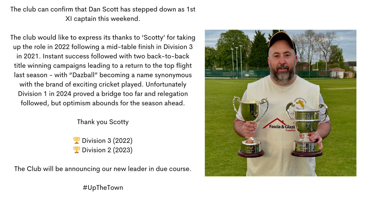The club can confirm that Dan Scott has stepped down as 1st XI captain this weekend.