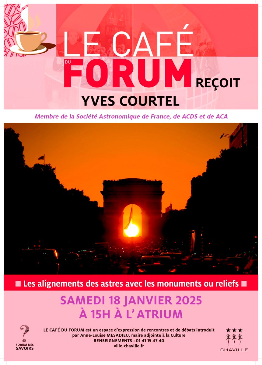 Société Astronomique de France (@safastrofrance) on Twitter photo Yves Courtel, membre de la SAF, animera la conférence « Les alignements des #astres avec les monuments ou reliefs », samedi 18 janvier 2025 à l’Atrium de <a href="/ville_chaville/">Ville de Chaville</a>. Entrée libre et gratuite. saf-astronomie.fr/quand-les-astr… Yves Courtel, membre de la SAF, animera la conférence « Les alignements des #astres avec les monuments ou reliefs », samedi 18 janvier 2025 à l’Atrium de <a href="/ville_chaville/">Ville de Chaville</a>. Entrée libre et gratuite. saf-astronomie.fr/quand-les-astr…