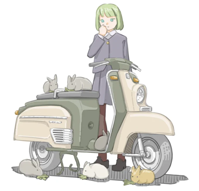 愛車がウサギの餌場になっていた女子です。 (三菱 シルバーピジョンC230)【再掲】 #バイクJK #イラスト