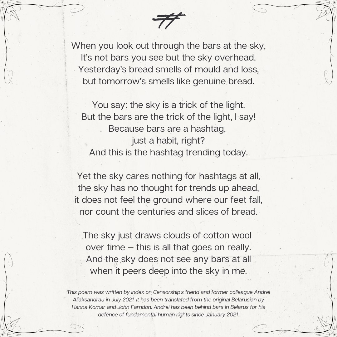 Tsihanouskaya's tweet image. Human rights defender &amp;amp; journalist Andrei Aliaksandrau was detained exactly 4 years ago &amp;amp; later sentenced to 14 years. He was punished for his efforts to help the repressed. While in detention, he wrote this powerful poem. Please share it &amp;amp; join us in calling to #FreeAndrei.