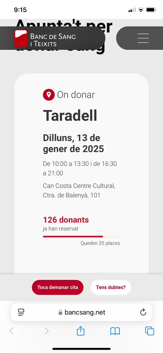 Carme_Coll's tweet photo. ⁦Bon dia i bons Tonis Taradell!!! Per la donació sang encara queden places!!!animeu-vos!!! ⁦@rtaradell⁩ ⁦@Taradell⁩ ⁦@AjTaradell⁩ https://t.co/xVsHAxVYxi
