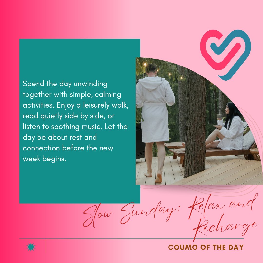 coumo_app's tweet photo. Spend the day unwinding together with simple, calming activities. Enjoy a leisurely walk, read quietly side by side, or listen to soothing music. Let the day be about rest and connection before the new week begins.
#coumooftheday
#coumo
#relationshipgoals 
#coupleapp https://t.co/8ZWR4s5sex