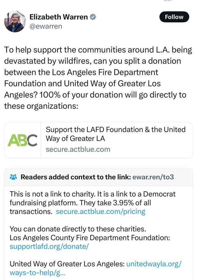 al_jemima's tweet photo. @SenWarren DemocRATS don't reflect on why they lost so badly during the 2024 election, or how LA is so brutally ravaged by flames...no...instead they skim off the top of legit charities so they can continue with their deadly policies that truly hurt real people bcuz they know NO SHAME! Sick https://t.co/faEcIxRJ6I