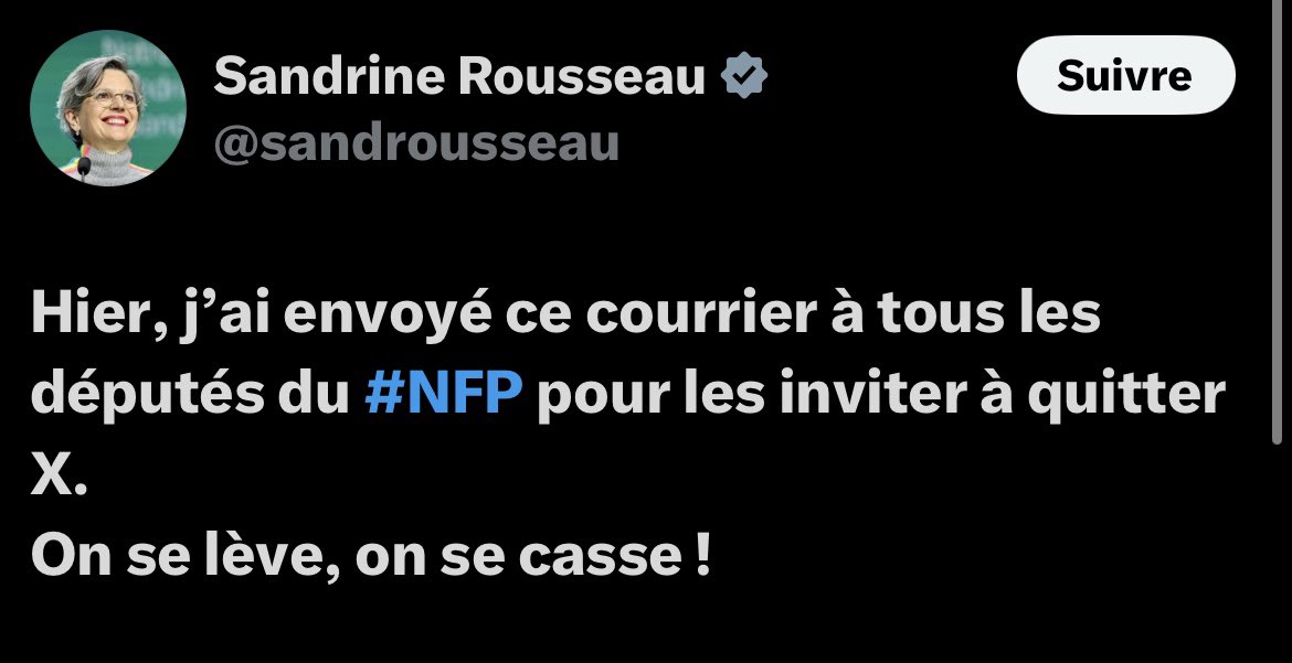 Frontieresmedia's tweet photo. « On se lève, on se casse ! »

👉 Sandrine Rousseau appelle tous les députés du NFP à quitter X. https://t.co/2t4GPeYfLF