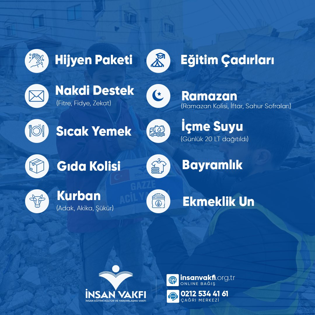 insanvakfi's tweet photo. 🇵🇸 2024 Yılında Gazze’de Neler Yaptık?

Gazze’de ilk günden beri sürdürdüğümüz acil yardım  faaliyetlerimiz kapsamında “Hijyen Paketi, Nakdi Destek (Fitre, Fidye, Zekat) Sıcak Yemek, Gıda Kolisi, Kurban, Eğitim Çadırları, Ramazan (Ramazan Kolisi, İftar, Sahur) İçme Suyu, Bayramlık, Ekmeklik Un” ile binlerce kardeşimize ulaştık. 

Destek olan tüm bağışçılarımıza ve gönüllülerimize teşekkür ederiz.