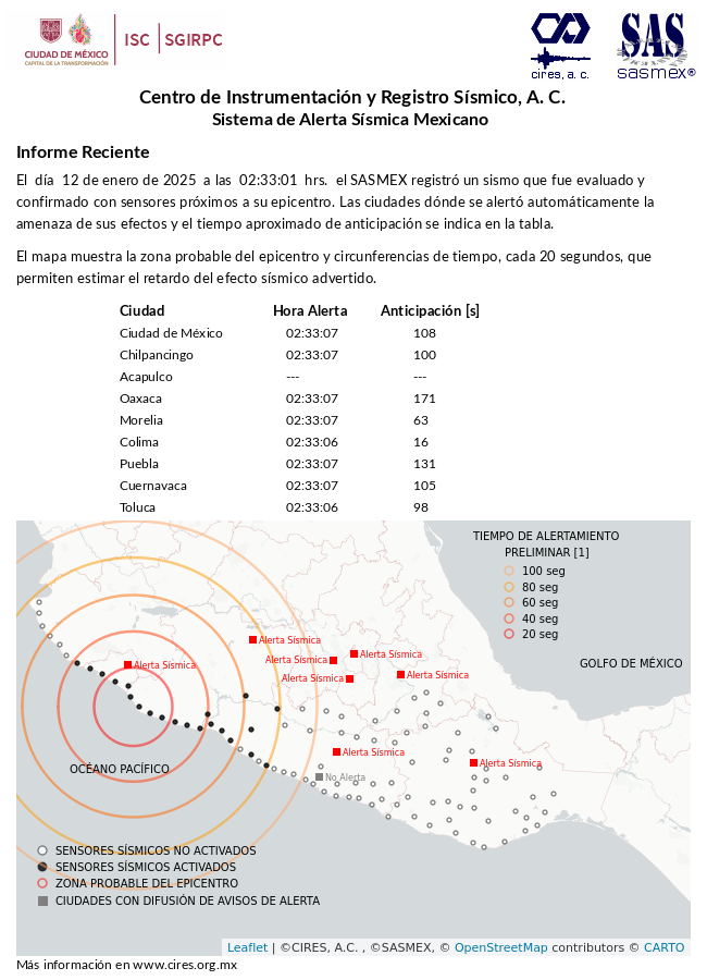 SASMEX's tweet photo. #TenemosSismo informe preliminar de la #AlertaSísmica del 12-ene-25 a las 02:33:07 hrs. #LaPrevenciónEsNuestraFuerza https://t.co/pamIj7DJLf