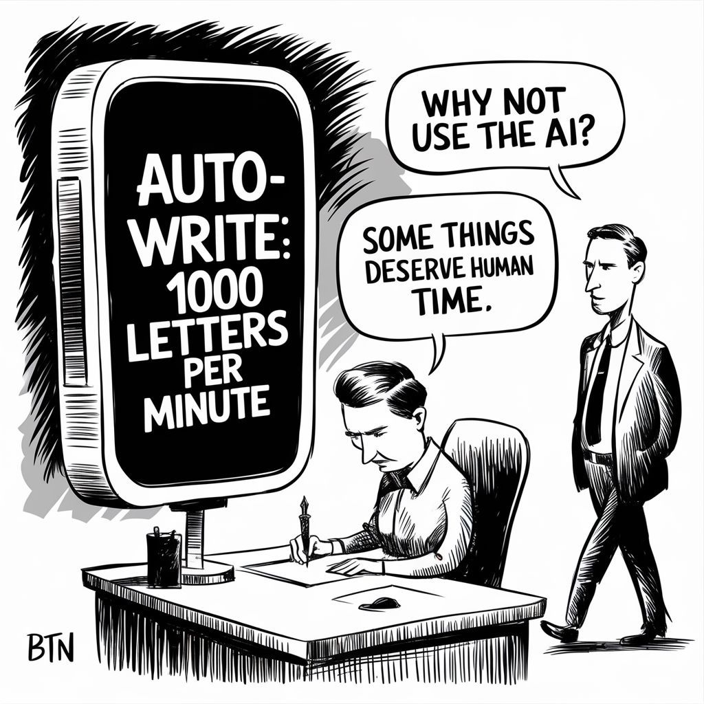 bentn's tweet photo. 'Why not use AI?'
'Some things deserve human time.'
Efficiency isn't everything. In 2024, choosing to be inefficient might be the ultimate flex.
#AI #Leadership #TechHumor https://t.co/FwoWNNFUJO