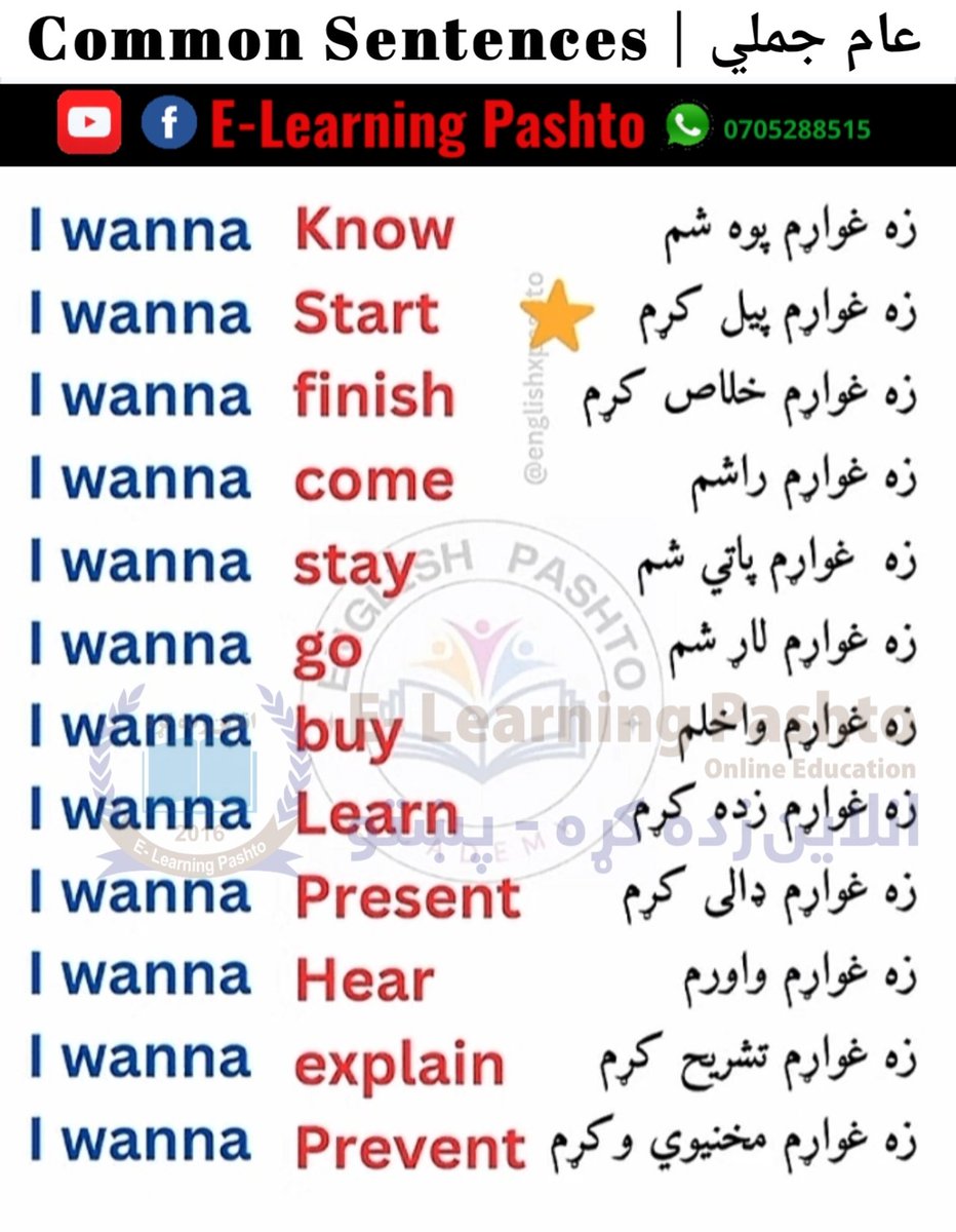 pashto_eng's tweet image. #Common_Sentences of the day | د نن ورځې عامي جملي
#P159
 
🟢  WhatsApp 👇 wa.me/93705288515
🌎 Via: #E_Learning_Pashto | Online Learning Platform