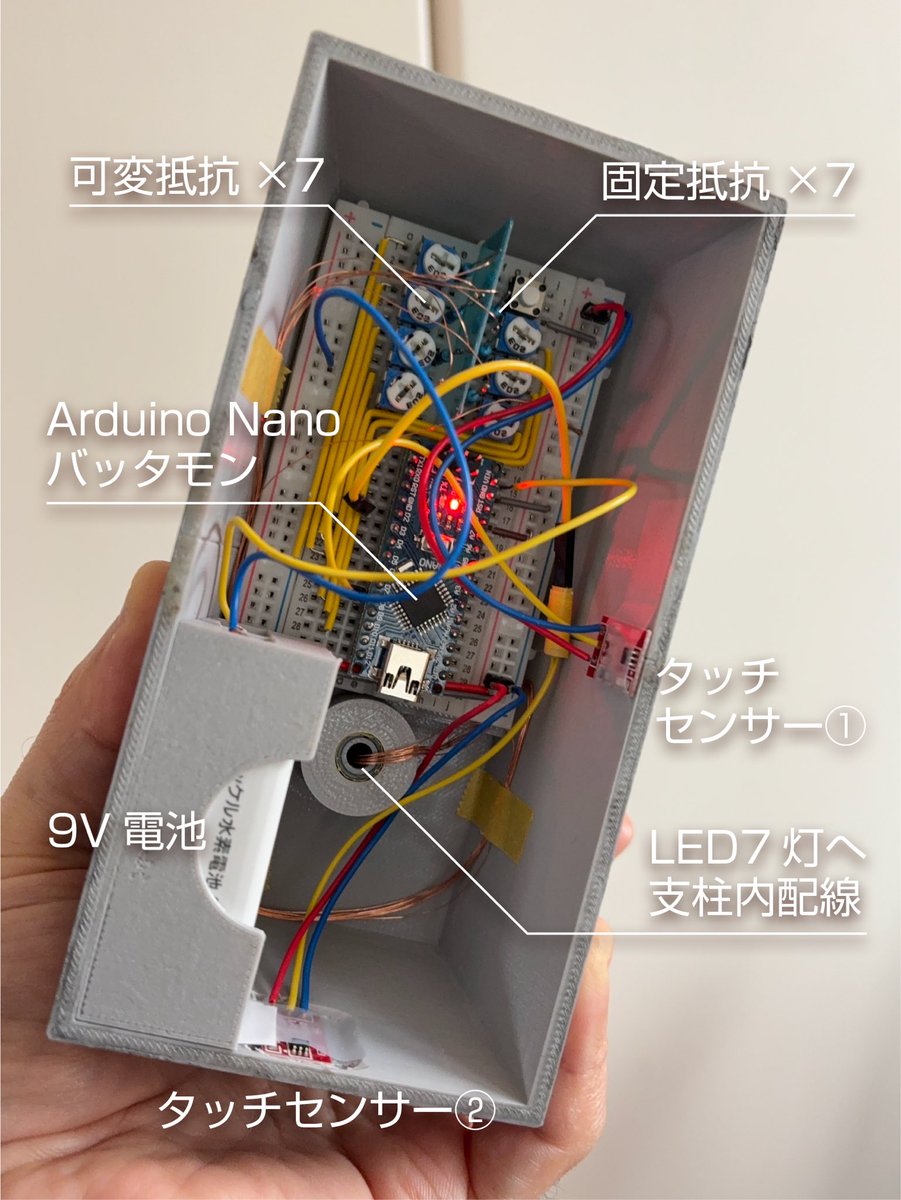 Btoretsukuru's tweet image. ⚠️マニアック注意⚠️
作った卓上中継信号機の制御系について書きます。
土台内に仕込んだArduino Nano(中華)にLED、固定抵抗、可変抵抗、タッチセンサー、9V電池を接続してます。
土台は3DP(プラ)製ですが内側タッチセンサーは透過して外から効きます。
片方のタッチセンサーは信号現示🚦切替で、…
