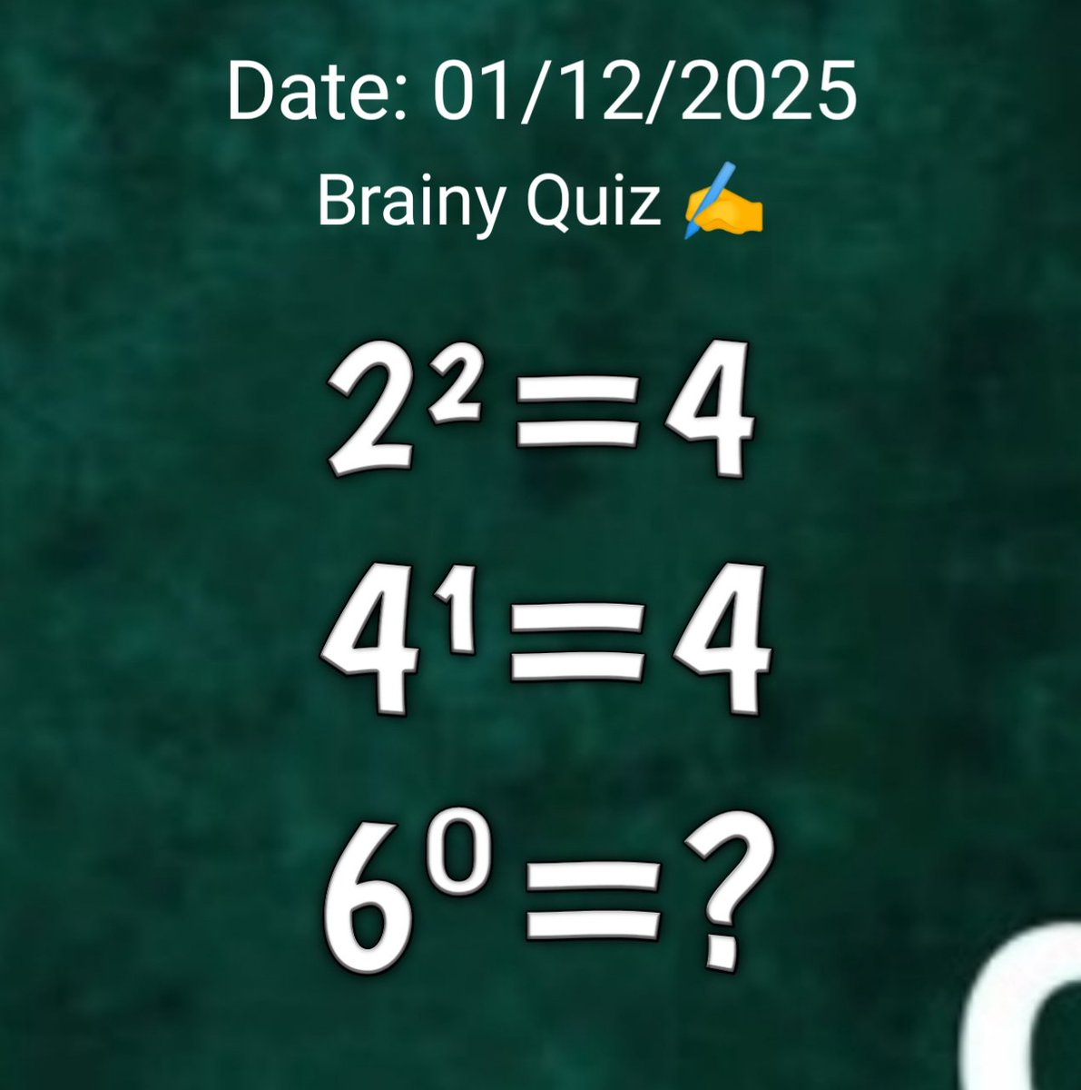 brainyquiz_'s tweet image. BRAINY QUIZ

Can You Solve This Quiz ❔ 
2²=4
4¹=4
6⁰=?

Learn Math 100% Free: Brainy Quiz 

#math #MathQuiz #Puzzle #Riddler #onlyQuiz #BrainQuizmath