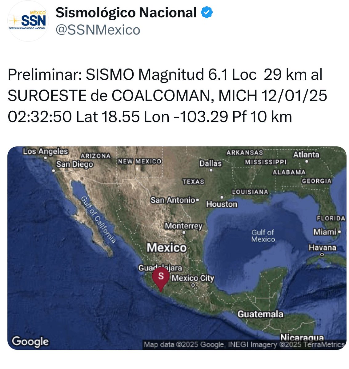 #ÚLTIMAHORA | De manera preliminar se registró un sismo de 6.1 de magnitud con epicentro en Coalcoman, Michoacán