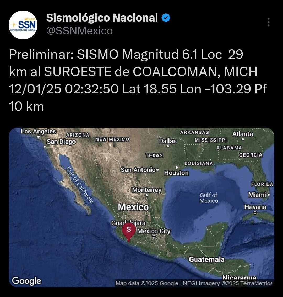 ClimaCMX's tweet photo. 📢 Última hora: El #Sismo de esta madrugada tiene una magnitud preliminar de 6.1 con epicentro cerca de Coalcoman en Michoacán.

Se activó la #AlertaSísmica en la Ciudad de México con unos 100 segundos de anticipación https://t.co/xxFOfTstiV