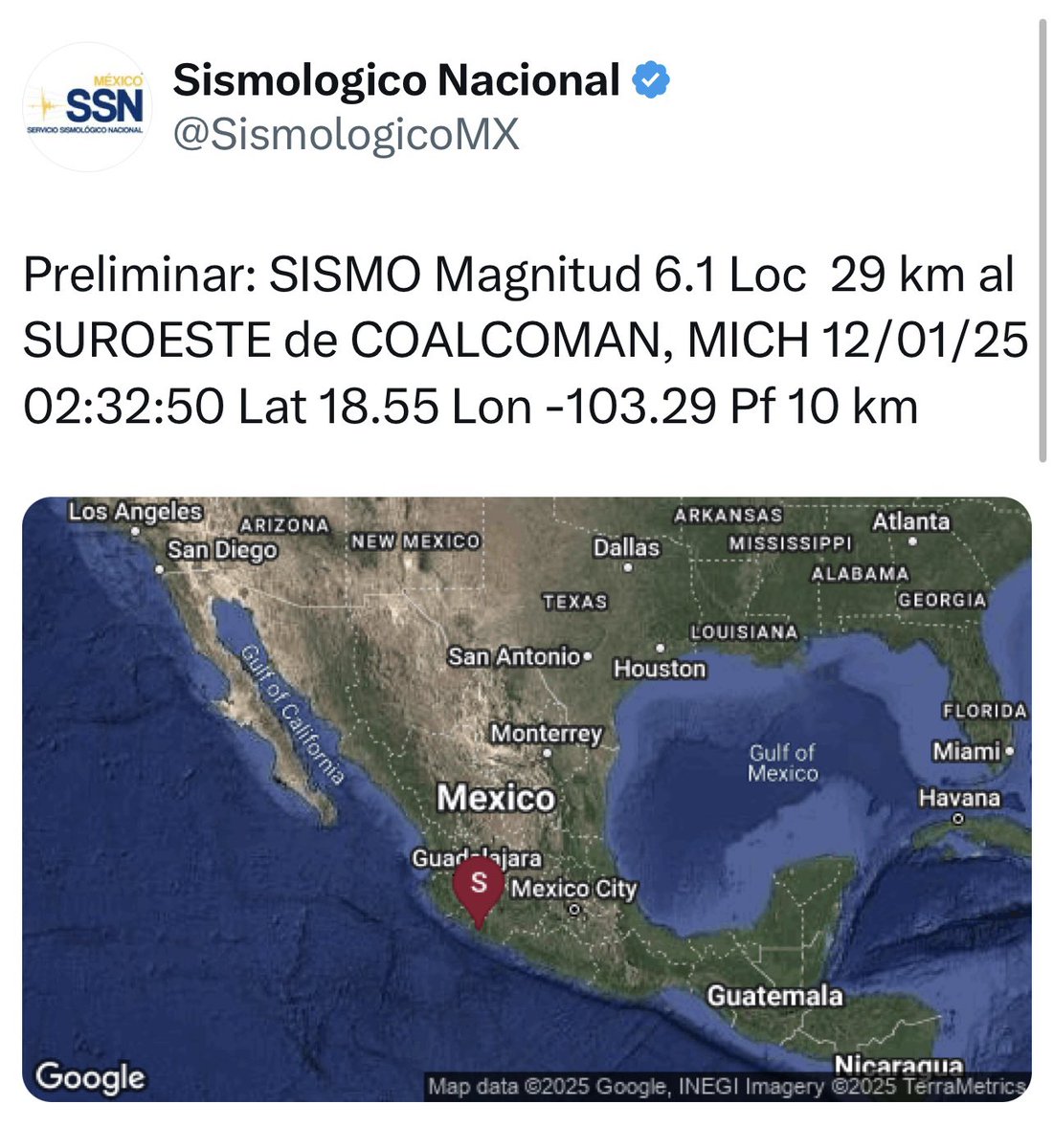 horacioduarteo's tweet photo. 🟢 En calma: el @SismologicoMX informa de manera preliminar: #Sismo magnitud 6.1 Loc  29 km al SUROESTE de COALCOMAN, MICH 12/01/25 02:32:50.

#Alertasismica #Temblor https://t.co/BtwtUqhMpZ