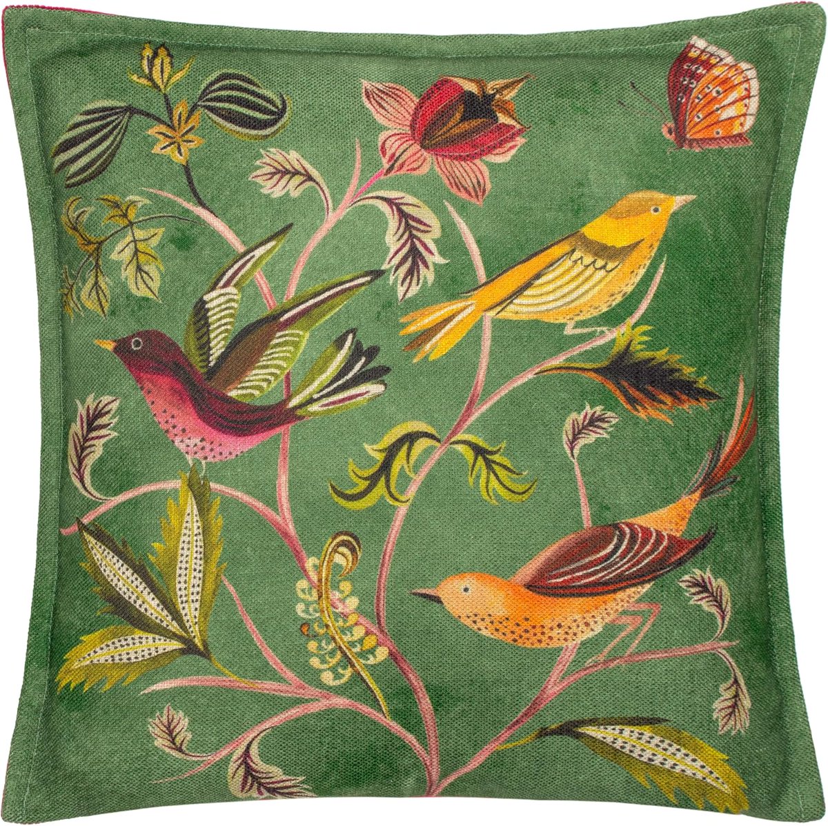 Inspired by arts and crafts, this cushion adds a touch of charm to your soft furnishings. Printed on textured linen-feel fabric, bustling hedgerow birds flutter around the bright, inky florals to create a bustling, conversational design.