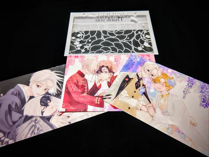 【封筒&ポスカセット 自己満ギミック紹介】 和中洋のカードが作りたく(ただ頒布がオンリーの為)バラけないように封筒を使用することを思いつきました クリア素材(白印刷)封筒を自作したんですが、今回何回も自分で出力して組み立てて見たりと試行錯誤したのが大変&楽しかったです