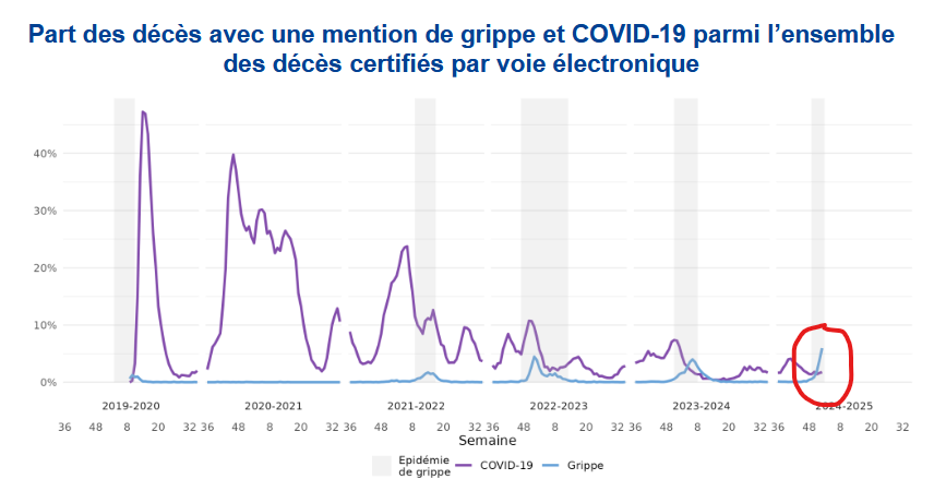 nicolasberrod's tweet photo. ❗️ 6% des décès la semaine dernière étaient liés à la #grippe, niveau record depuis l'arrivée du Covid (mentionné dans moins de 2% des décès la semaine dernière).

Cette part va continuer de grimper, le pic de l'épidémie saisonnière de grippe n'étant pas encore atteint.

1/2 https://t.co/KGfE6vnIhB