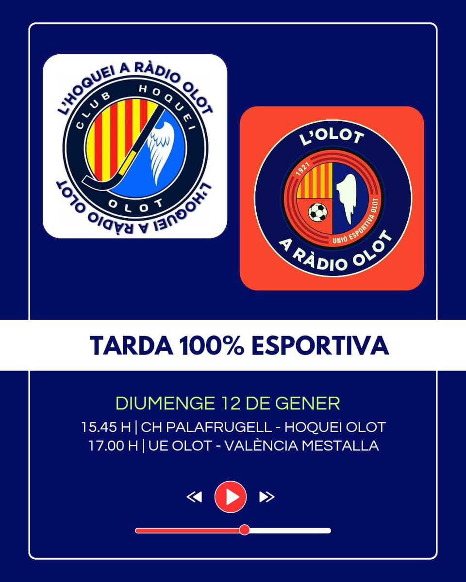 Ràdio Olot Esports (@radiolotesports) on Twitter photo 🔊 TARDA 100% ESPORTIVA a <a href="/Radiolot/">Ràdio Olot</a>
🔝 La primera del 2025 de <a href="/UEO1921/">Unió Esportiva Olot</a> i <a href="/hoqueiolot/">Club Hoquei Olot</a>
🆚 <a href="/chpalafrugell/">Club Hoquei Palafrugell</a> - <a href="/hoqueiolot/">Club Hoquei Olot</a>
🗣️ <a href="/roger_isern/">Roger Isern</a>
🆚 <a href="/UEO1921/">Unió Esportiva Olot</a> - <a href="/Academia_VCF/">Academia VCF #ADNVCF 🦇</a>
🗣️ <a href="/davidplanella/">David Planella</a> i <a href="/pere_ribes/">Pere Ribes</a>
#UEOlot #HoqueiOlot 🔊 TARDA 100% ESPORTIVA a <a href="/Radiolot/">Ràdio Olot</a>
🔝 La primera del 2025 de <a href="/UEO1921/">Unió Esportiva Olot</a> i <a href="/hoqueiolot/">Club Hoquei Olot</a>
🆚 <a href="/chpalafrugell/">Club Hoquei Palafrugell</a> - <a href="/hoqueiolot/">Club Hoquei Olot</a>
🗣️ <a href="/roger_isern/">Roger Isern</a>
🆚 <a href="/UEO1921/">Unió Esportiva Olot</a> - <a href="/Academia_VCF/">Academia VCF #ADNVCF 🦇</a>
🗣️ <a href="/davidplanella/">David Planella</a> i <a href="/pere_ribes/">Pere Ribes</a>
#UEOlot #HoqueiOlot