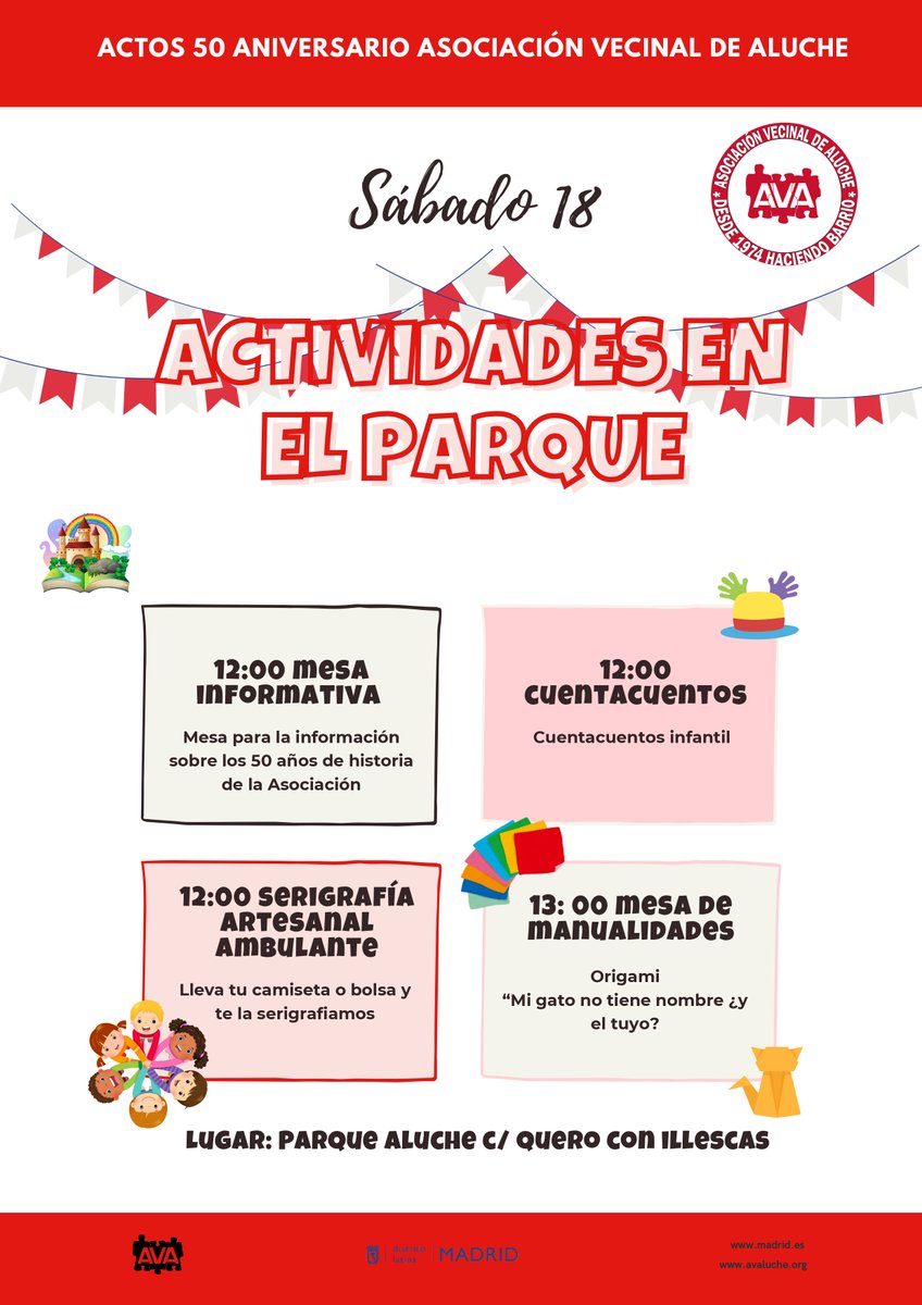 Sábado, 18 de enero de 2025 – Parque Aluche (zona próxima a Calle Quero con Illescas)
12:00 horas: Jornada festiva en el parque:
Mesa informativa sobre la  historia de la AVA.
Serigrafía artesanal ambulante. Cuentacuentos.
Manualidades.