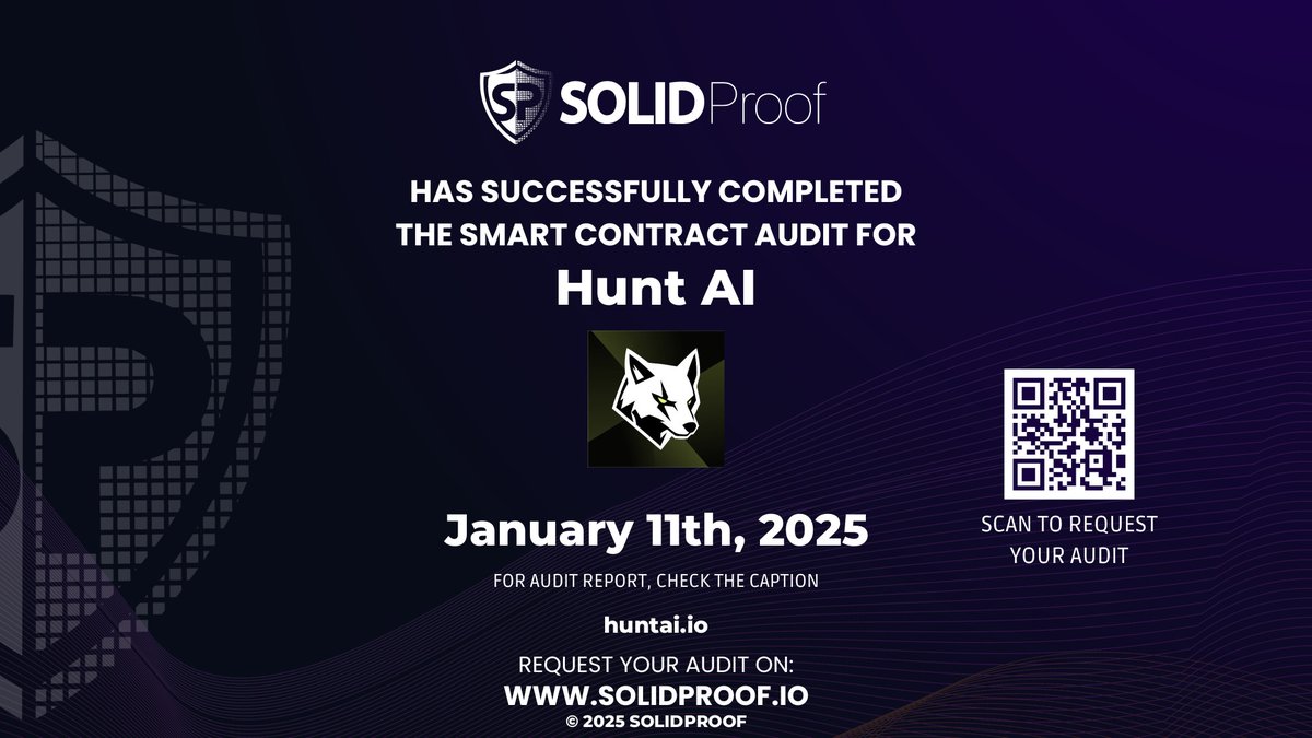 We have finished the smart contract audit process for <a href="/HuntAIETH/">Hunt AI</a> 🛡️

📷Check our findings and security score here:
app.solidproof.io/projects/hunt-…

Need a Smart contract audit, KYC or development support? Send us a message, our sales team will gladly make a customized offer for you!