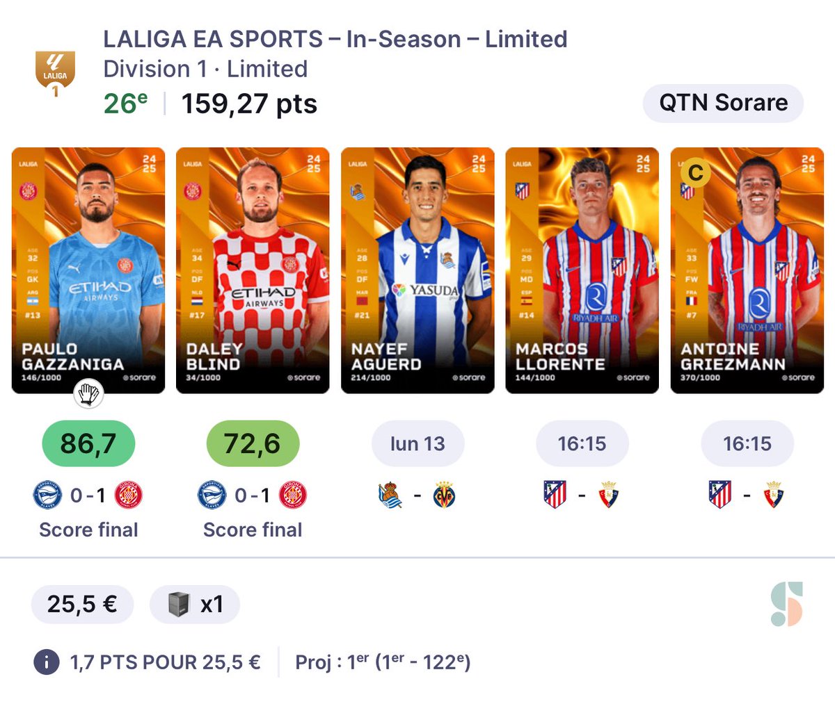 QTNSorare's tweet photo. 🔮 Le start est bon ! Projection @SorareDataFR = 1er = 1000$ 

🎁 Si ils ont raison et que cette team fini TOP1 j’offre une carte de Griezmann à un membre de ma commu 👀 

🔃 RT ce tweet et mets un commentaire pour être éligible (Bien me follow @QTNSorare) https://t.co/9HvQIpVDYZ