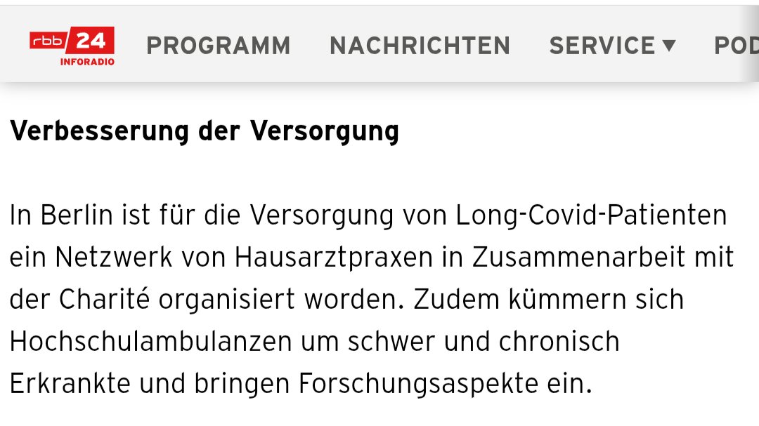 Ist das wirklich so in Berlin? 

Das klingt ja regelrecht nach einer vorbildlichen Versorgung - auch von schwerst Erkrankten.

Welche Formen von "LongCovid" da wohl gemeint sind? Auch ME/CFS?

Quelle:
inforadio.de/rubriken/wisse…