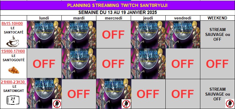 Oyé oyé retour du planning des stream! Semaine du 13 au 19 janvier 2025. max de like et retweet! 👌twitch.tv/sant0ryuji <a href="/Didjock41/">Didjock 🦇</a> <a href="/Bench682/">🎢🎠Bench68⛰️🌖</a> <a href="/phanathos/">Phanathos</a> <a href="/Aranrakka/">Vincent D.</a>
<a href="/Lilie57/">Aurélie ☃️</a> <a href="/dbioz/">Dbioz le UCE barbu du twitch game</a> <a href="/Scorpion27971/">Benji971</a> <a href="/ItsugaTBoulet/">Itsuga_ Arpg/MetroidVania / Soul's Like/Rpg</a>
<a href="/LuminiaLK/">🪻 •ᒐᥙຕɩᥒɩᥲ.</a> <a href="/MysthicMajin69/">Embrace your dreams and protect your honor</a> <a href="/Yumeffia/">🌸🐱 Yume Chan 🍣🎮</a> <a href="/Yozora5411/">Uchiwa54</a>
<a href="/MorndasTV/">Morndas</a> <a href="/CNegapi/">🌸 𝓖𝓪𝓹𝓲 🌸</a>