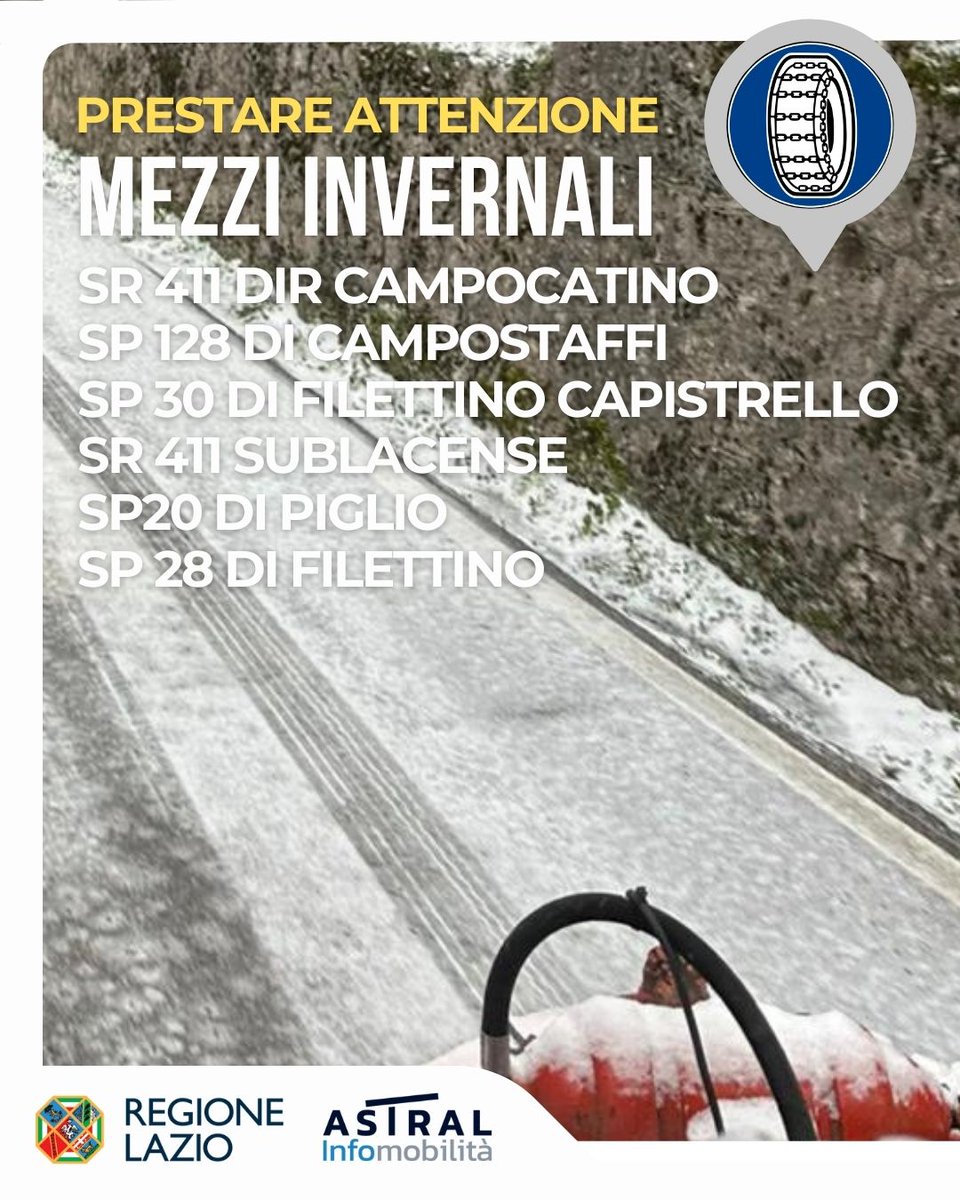 astralmobilita's tweet photo. โ๐ #Neve #Ghiaccio
โ attivi mezzi invernali di #AstralSpa su:
#SR411 #DirCampocatino
#SR411 #Sublacense
#SP30 #diFilettinoCapistrello
#SP20 #diPiglioArcinazzo
#SP128 #diCampoStaffi
@WazeLazio
#viabiliLAZ https://t.co/ICZRamhohR