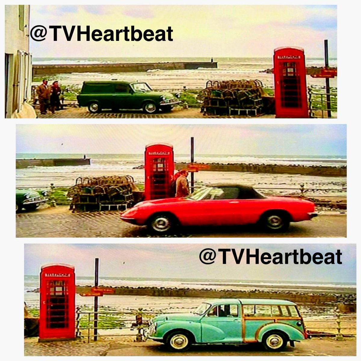 TvHeartbeat's tweet image. For #SideViewSunday; from ‘For Art’s Sake’ in series 9 (first broadcast 25 years ago this week!) - Andy’s gorgeous #AlfaRomeoSpider, Blaketon’s trusty #MorrisTraveller &amp;amp; a rather smart #FordAnglia van - all at the #CodandLobster in Staithes ❤️