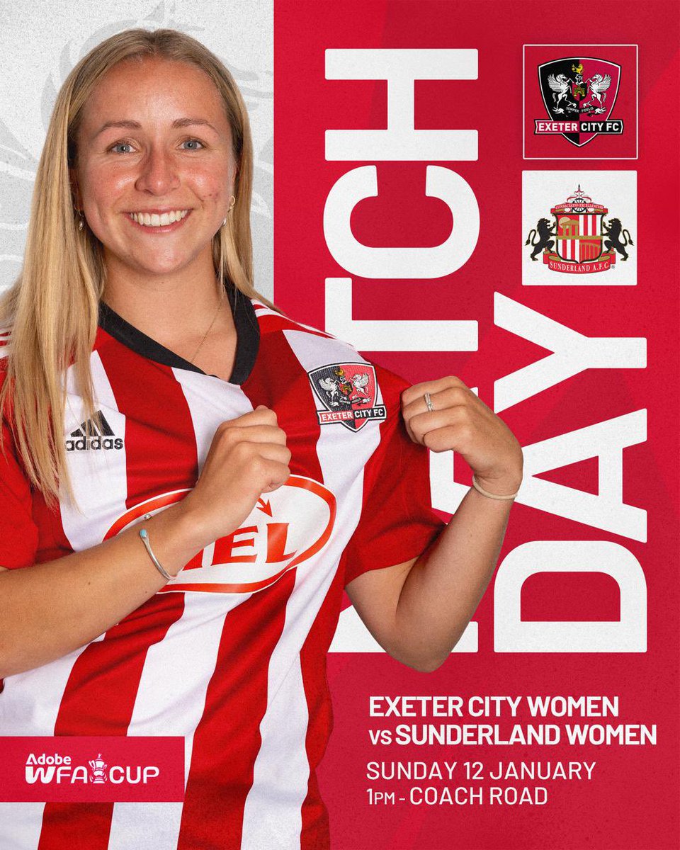 Exeter City Women FC (@exetercitywfc) on Twitter photo ⚽️ MATCHDAY
A chance to create history in the <a href="/AdobeWFACup/">Adobe Women's FA Cup</a>, let’s go 💪
🆚 <a href="/SAFCWomen/">Sunderland AFC Women</a>
🕐 1.00pm Kick Off
🏟️ Coach Road, Newton Abbot
🎟️ exetercityfc.ktckts.com
➡️ On the gate prices - Adult £6/Under 18 £4
#ECFC <a href="/OfficialECFC/">Exeter City FC</a> <a href="/ECFCST/">Exeter City Supporters’ Trust</a> ⚽️ MATCHDAY
A chance to create history in the <a href="/AdobeWFACup/">Adobe Women's FA Cup</a>, let’s go 💪
🆚 <a href="/SAFCWomen/">Sunderland AFC Women</a>
🕐 1.00pm Kick Off
🏟️ Coach Road, Newton Abbot
🎟️ exetercityfc.ktckts.com
➡️ On the gate prices - Adult £6/Under 18 £4
#ECFC <a href="/OfficialECFC/">Exeter City FC</a> <a href="/ECFCST/">Exeter City Supporters’ Trust</a>