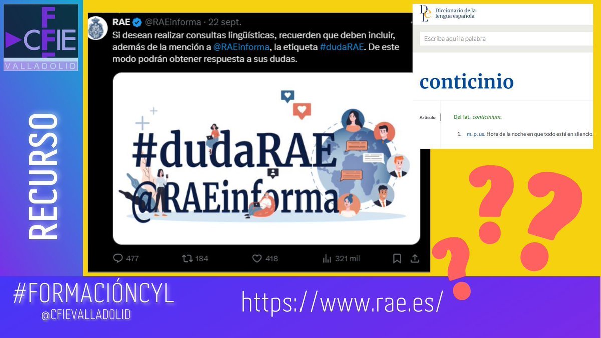 ¿Conoces RAE.es? 📚
Es una herramienta indispensable para el profesorado, que ofrece muchos recursos:
📎consulta el significado de palabras 
❓dudas gramaticales y ortográficas
📄bases de datos
💡 curiosidades
<a href="/RAEinforma/">RAE</a>
@RAEconsultas
<a href="/educacyl/">Educación JCyL</a>