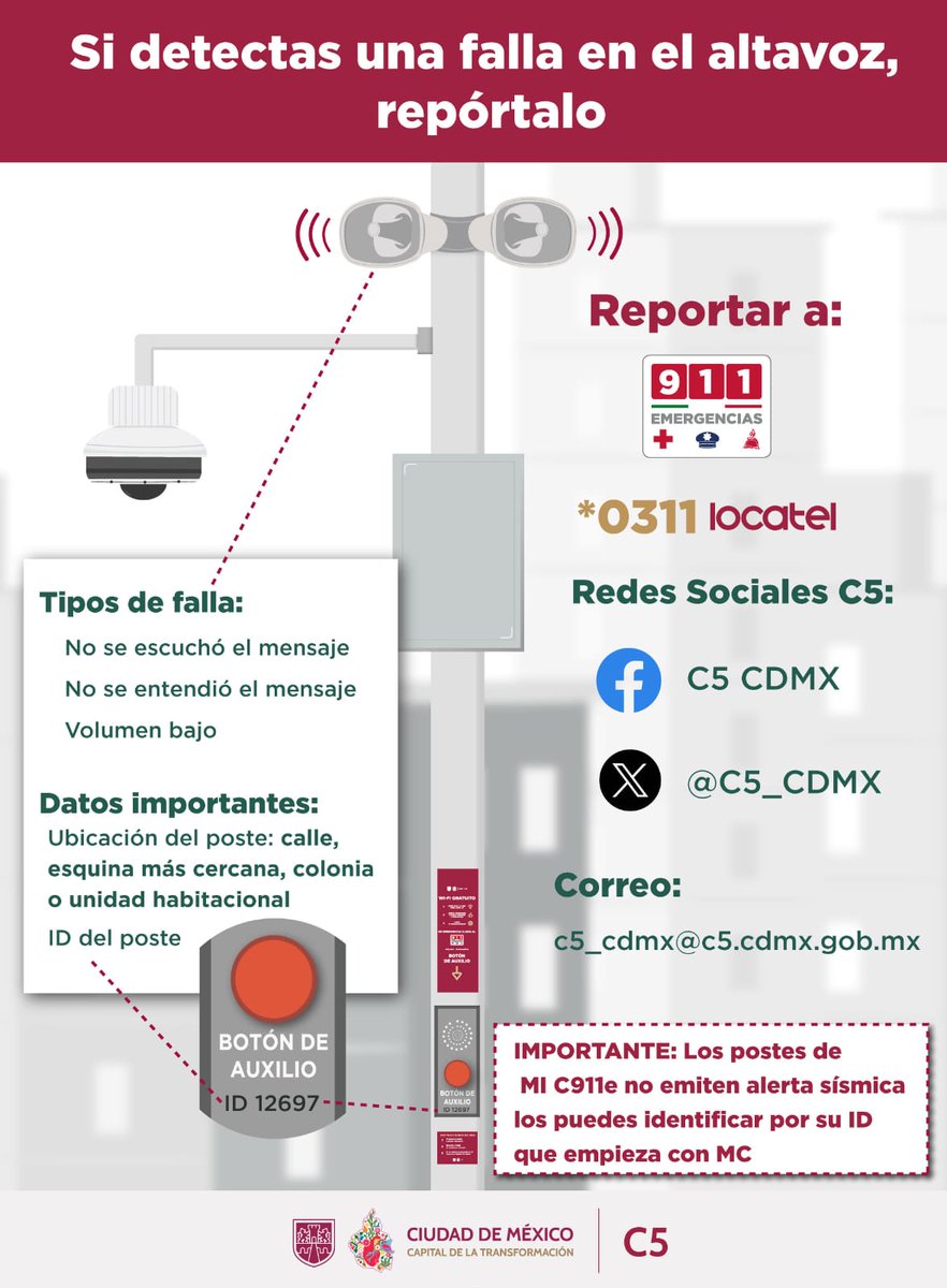 C5_CDMX's tweet photo. 📢¿Dónde reportar un #altavoz?  ⚠️
Si detectas alguna falla: volumen bajo, poca claridad o falta de reproducción de la alerta sísmica, realiza el reporte por alguno de estos medios mencionando el ID o ubicación del poste.   ¡Tu participación es importante!  

#911CDMX
#C5CorazónDeLaCDMX 
#C5OjosDeLaCDMX #C5conConfianza