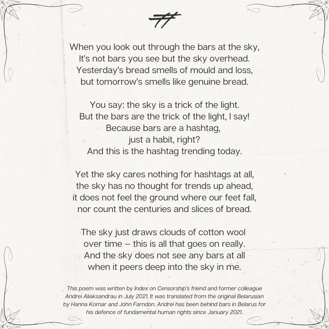 IFEX's tweet image. 4 years ago today, journalist Andrei Aliaksandrau was arrested during the crackdown on independent media in #Belarus. He is now serving a 14-year sentence. 

It's time to #FreeAndrei - immediately and unconditionally. Please share Andrei's poem in solidarity. @IndexCensorship