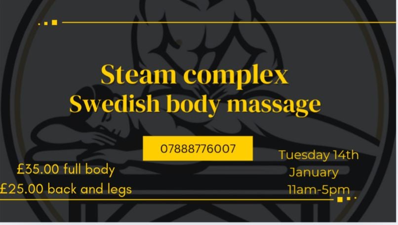 jamie21uk's tweet photo. Tuesday 14th January £35.00 full body £25.00 front or back and legs contact me on 07888776007 to book a time slot or call Steam Complex at 01132798885. Don't miss out https://t.co/lwng6GDBsp