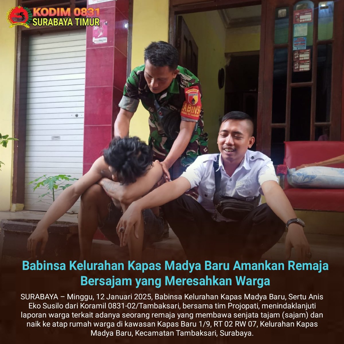 KodimTimur's tweet photo. Babinsa Kelurahan Kapas Madya Baru Amankan Remaja Bersajam yang Meresahkan Warga. https://t.co/GjHcCLPdN1 https://t.co/CPPd6YPQKC