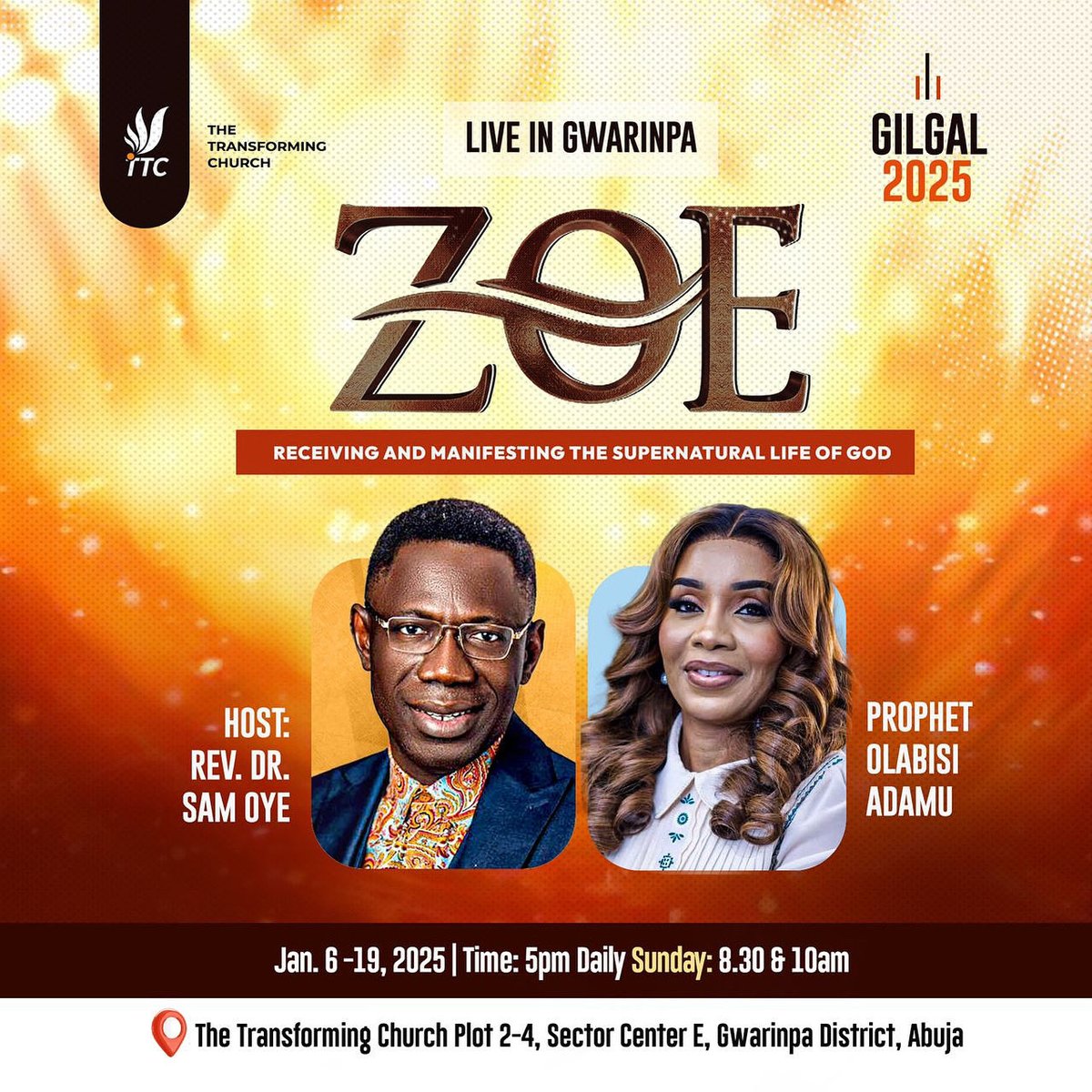 🗓️ Save the date!
 Jan 6–19, 2025
 5 PM Daily | Sundays: 8:30 AM &amp; 10 AM
 📍 Venue: <a href="/transformersng/">The Transforming Church, Gwarinpa</a>, Gwarinpa, Abuja
 #GILGAL2025