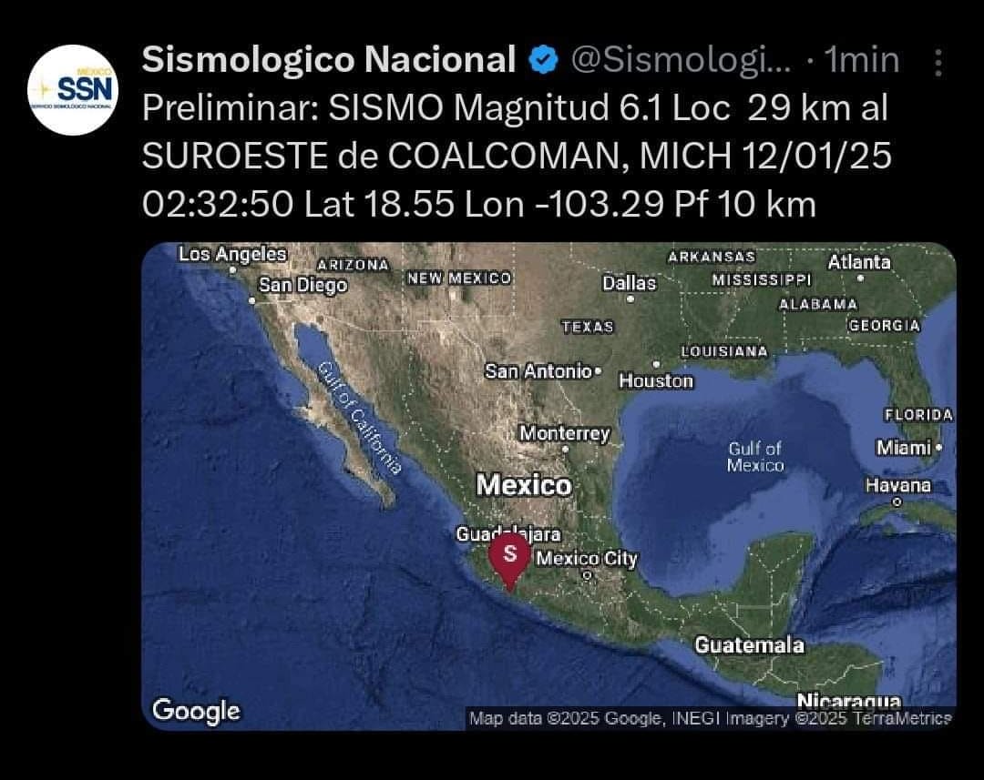 CallejeroPue's tweet photo. #UltimsHora 😱 Así quedó registrado el #sismo de magnitud 6,1 que sacudió la madrugada la costa de #Michoacán, al de #México, informó el Servicio Sismológico Nacional, a las 02:35:50 hora local a unos 29 kilómetros al suroeste de la ciudad de #Coalcomán. https://t.co/tVQ9YCBlFj