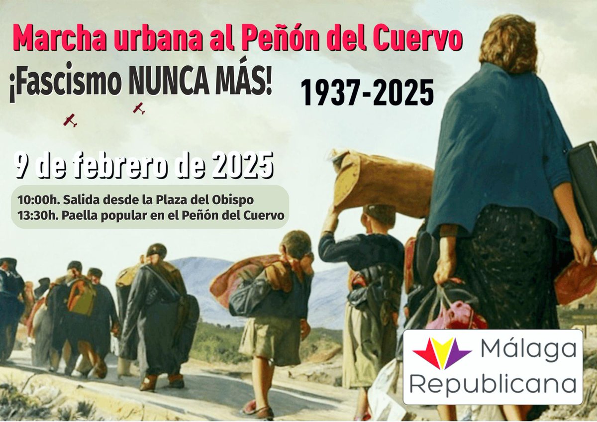 Un año más los malagueños republicanos saldremos a las calles para recordar el genocidio que los fascistas hicieron sobre civiles demócratas que huían en la carretera hacia Almería del avance de los golpistas 

🗓️ 9 DE FEBRERO 
📍10:00h Plaza del Obispo 

‼️FASCISMO NUNCA MÁS