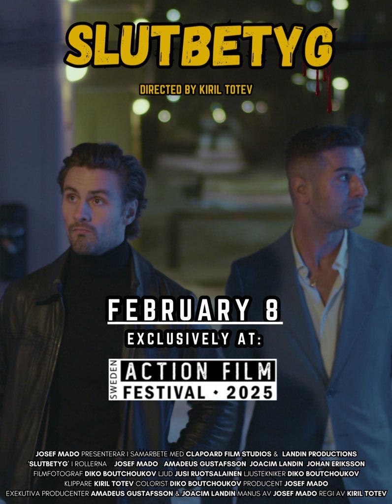 Swedenaction's tweet photo. The short film ”Slutbetyg” will be screened out of competition at the upcoming Sweden Action Film Festival February 8, 2025 at Bio Kaskad in Stockholm. 
More information: 
https://t.co/0JYN1Fic2Y https://t.co/od0OQfVvYf