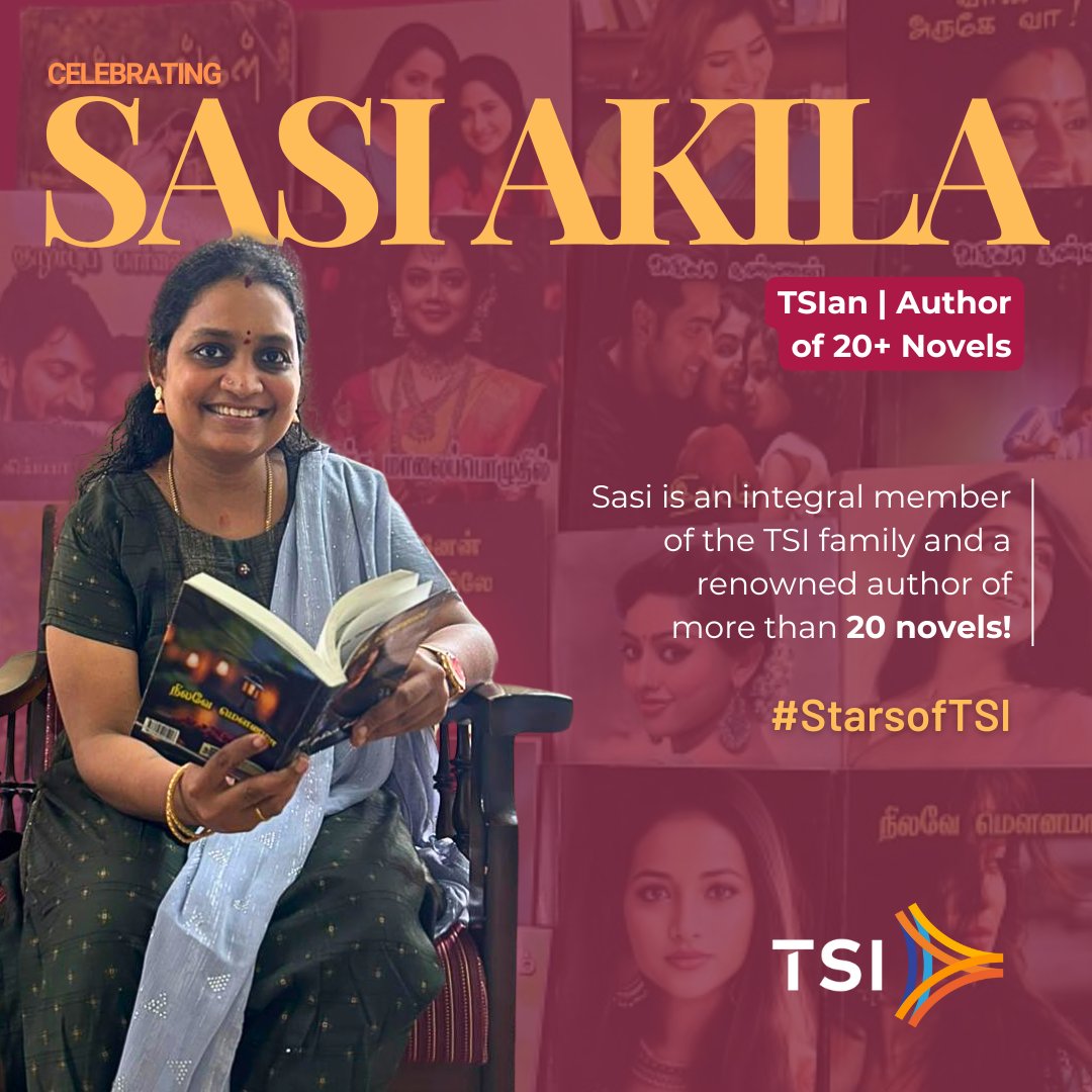 TPFSoftware's tweet photo. Celebrating Sasi Akila, an integral part of #TSI and a renowned #Author with over 20 novels published! Her journey from #poetry to #novels inspires us all to pursue our #Passion and #Professional goals.
#Spotlight #TSIFamily #LifeatTSI #TSIans #MoveForwardTogether #TPFSoftware https://t.co/q7X7LjeK9j