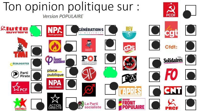 Nana_Hurlante's tweet photo. RP je suis militant à RP :

🟩 Basé, un programme de révolution contre le bonapartisme

🟧 Quelques désaccords

🟥 Ce ne sont pas des camarades 

⬛ Je les déteste, ce sont des agents du statu quo https://t.co/1HIpyXzmEL