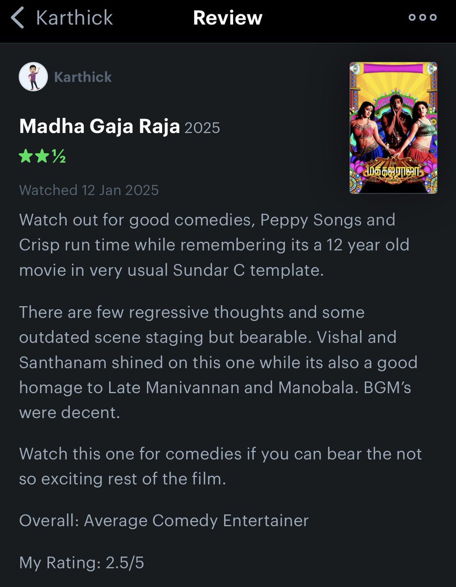 KarthickCdm's tweet photo. My ★★½ review of #MadhaGajaRaja on @letterboxd: https://t.co/bkdSlOsEmi #Karthicdm_Reviews https://t.co/a8FBTiUfGM