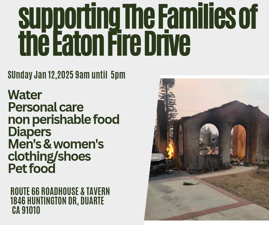 Duarte_Sports's tweet photo. In response to the devastating fire disasters, a donation drive will take place on Sunday, January 12th, from 9am to 5pm, with the goal of supporting the families affected by the Eaton fire.

#Earon #altadenacalifornia #EatonFire #duarte #sangabrielvalley #Altadena #donationdrive https://t.co/WFEtuWxJ7l