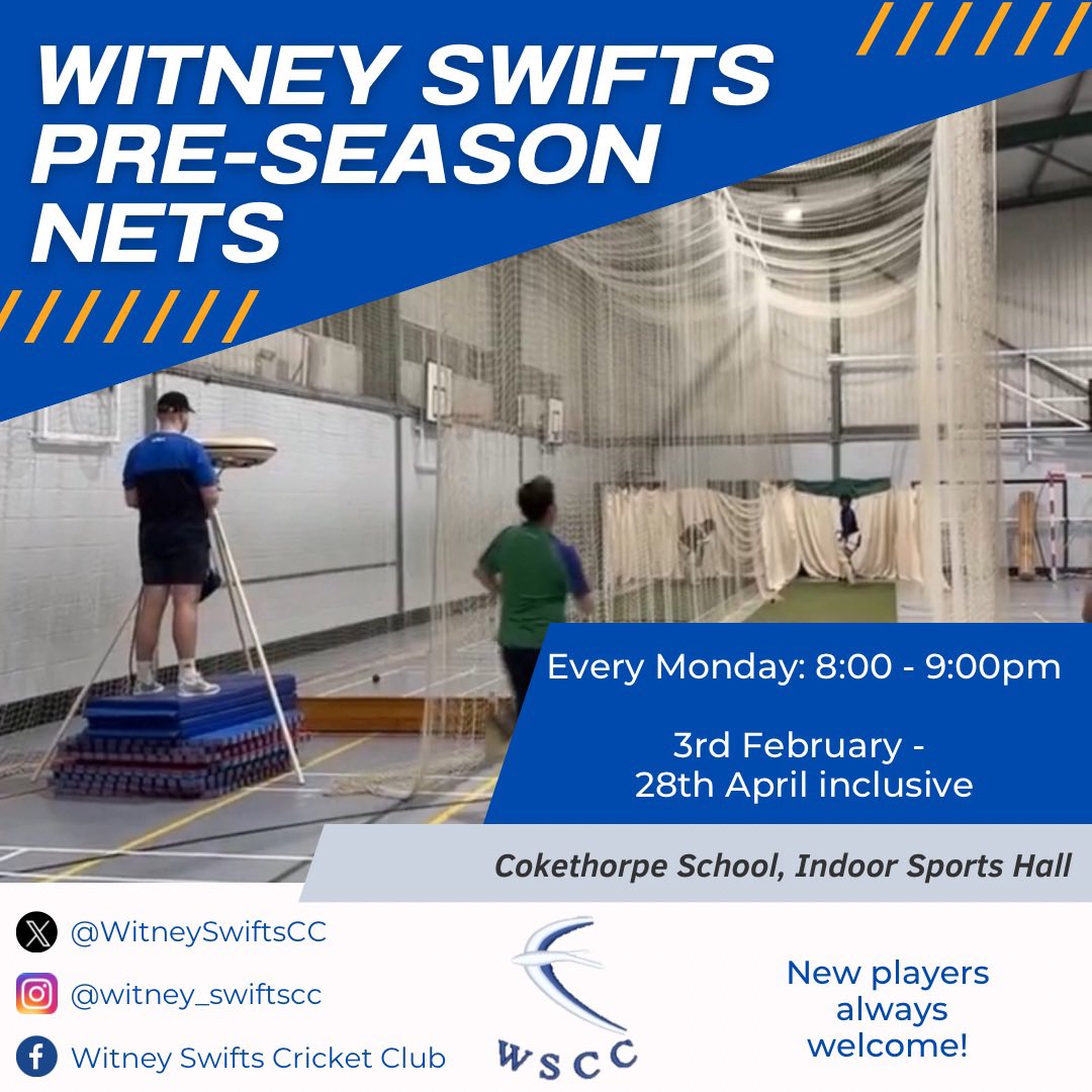 Witney Swifts CC will be holding pre-season nets every Monday evening throughout February, March and April at Cokethorpe School, 8-9pm.

New players always welcome! Please drop us a message if you are interested in attending.