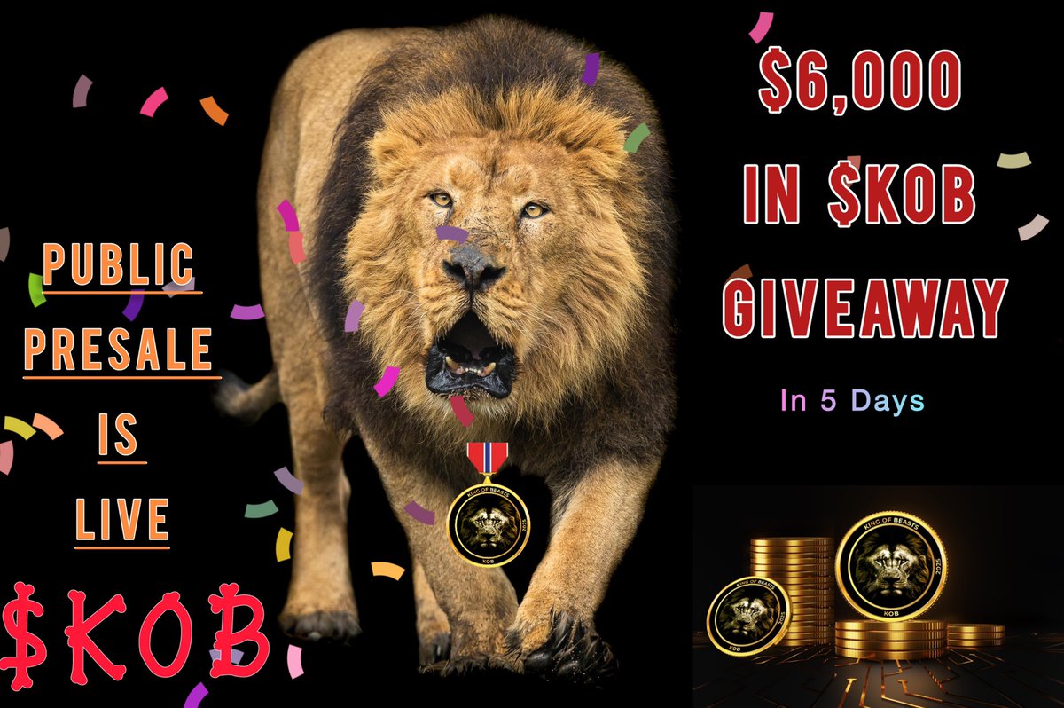 🎁 In anticipation of upcoming King of Beasts launch in 5 days we are announcing the $6,000 in $KOB Giveaway!

📋 Steps:
1️⃣ Like &amp; RT this post 
2️⃣ Follow us 
3️⃣ Drop your $SOL wallet address below!
