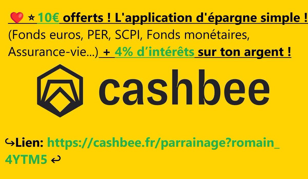 Homme_deValeurs's tweet photo. 🔥10€ offerts via CASHBEE ! L’application d’épargne simple ! (fonds euros, PER,SCPI,AV…) + 4% d’intérêt sur ton cash !
Lien: https://t.co/pWSLUKr4nh ↩️
✅Inscription via le lien, dépôt initial de 10€ sur le livret
🇫🇷Agréé AMF
#Cashbee #banque
#Livret #scpi #cash #épargne #AV https://t.co/ZdKgEzS4dL
