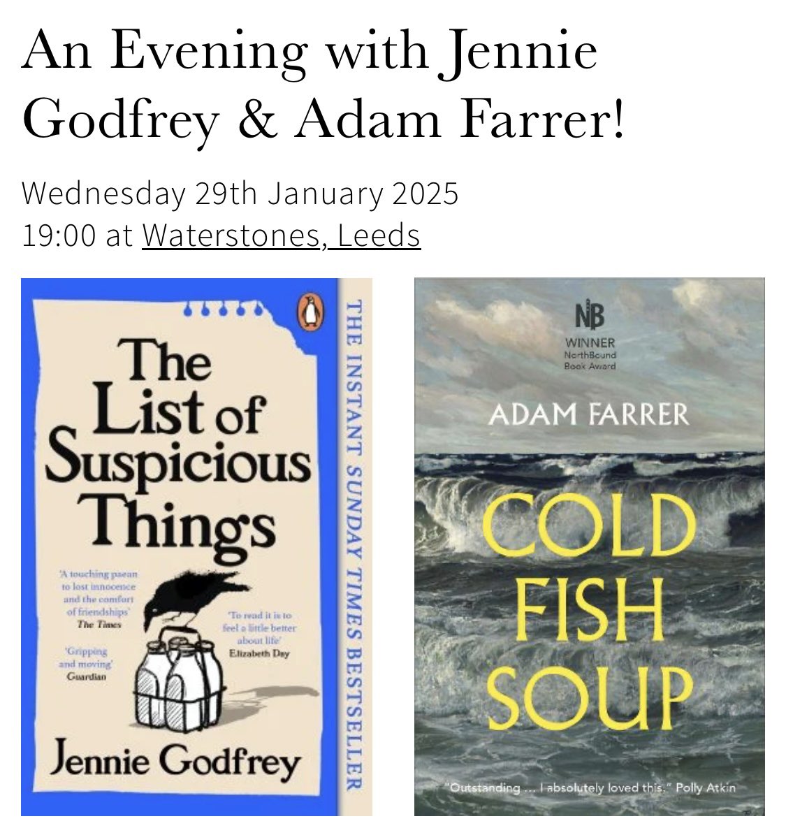 Jennie Godfrey (@jennieg_author) on Twitter photo I get to go back up to Yorkshire in a couple of weeks & I can’t wait. First stop <a href="/GroveBookshop/">The Grove Bookshop</a> who’ve been staunch supporters of #TheListofSuspiciousThings as have lovely <a href="/WstonesLeeds/">Waterstones Leeds</a> where I get to be interviewed by the v.talented <a href="/AdamJFarrer/">Adam Farrer (JUST BOOK POSTS NOW)</a> Join us! (Links in next posts) I get to go back up to Yorkshire in a couple of weeks & I can’t wait. First stop <a href="/GroveBookshop/">The Grove Bookshop</a> who’ve been staunch supporters of #TheListofSuspiciousThings as have lovely <a href="/WstonesLeeds/">Waterstones Leeds</a> where I get to be interviewed by the v.talented <a href="/AdamJFarrer/">Adam Farrer (JUST BOOK POSTS NOW)</a> Join us! (Links in next posts)