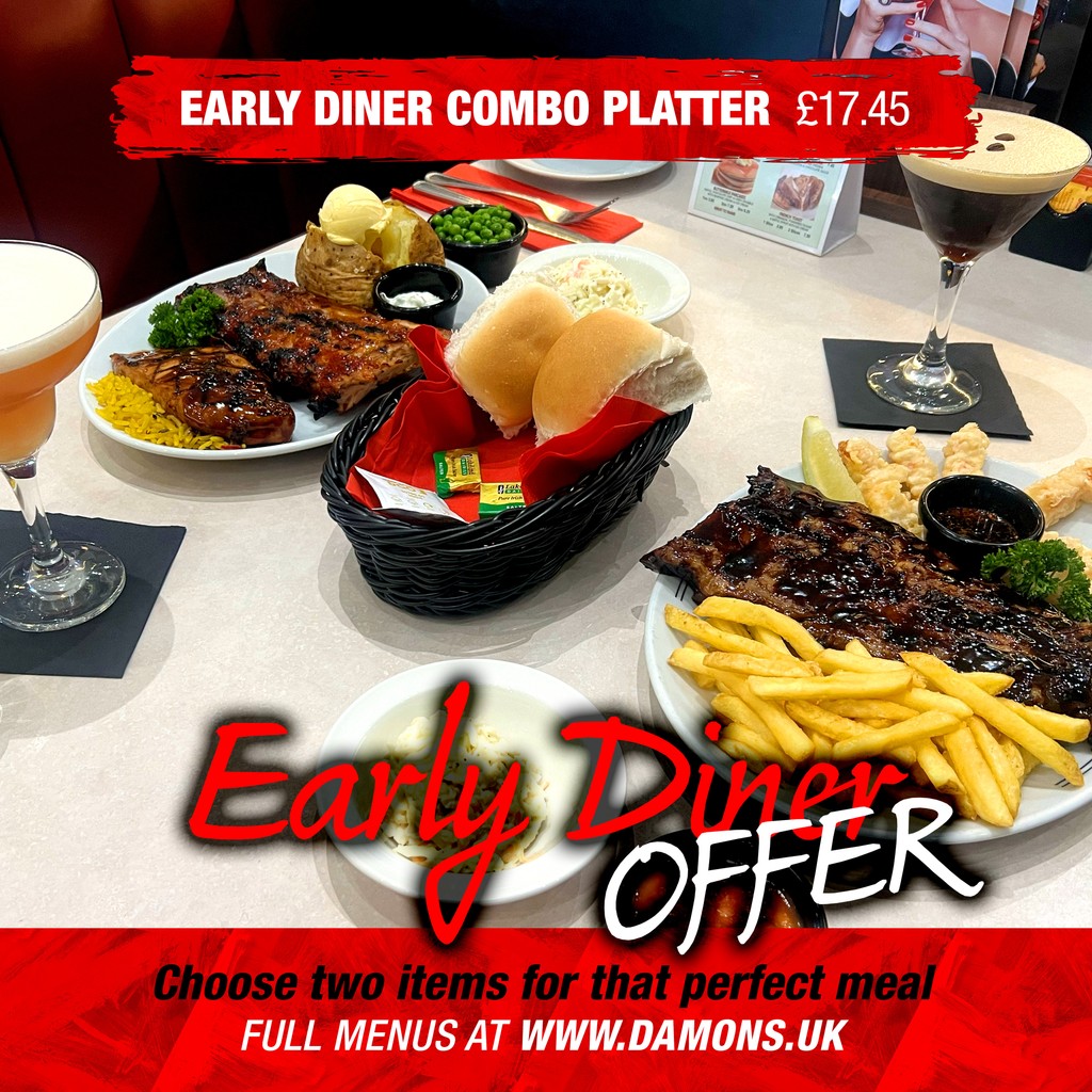 🚨 OFFER 🚨 Our 'Early Diner Combo Platter' Only £17.45. Just choose 2️⃣ items, to create that perfect meal! 👉️ damons.co.uk/menus/dinner-m… 🥰 #Menu Mon-Fri 3pm-6pm and Sat-Sun 12pm-3pm #Offer #Restaurant #Lincoln #Ribs #Wings