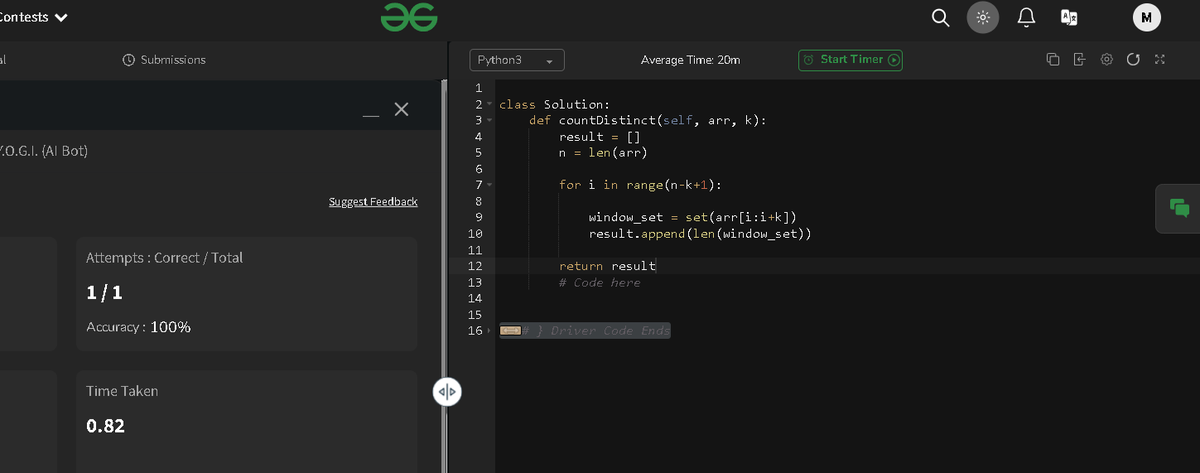 mansik0905's tweet photo. Day 54/160 #gfg160  #geekstreak2025 #geekstreak2024 Today i solved COUNT DISTINCT ELEMENTS IN EVERY WINDOW #pythonlearning #pythonprograming #DSA https://t.co/PrDdl0KrHk