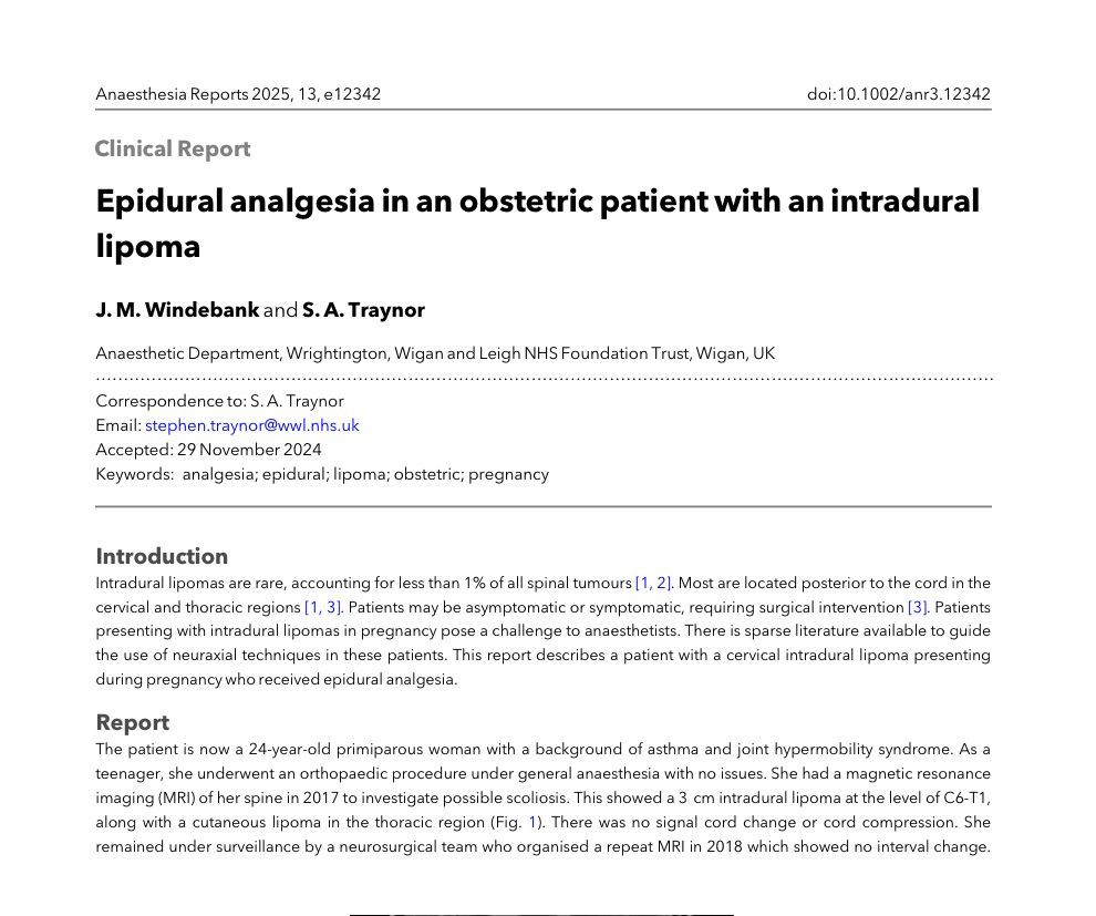 Anaes_Reports's tweet photo. Epidural lipomas are rare and <1% of all spinal tumours
How would you manage labour analgesia for a patient with a spinal lipoma? #freeforaweek
https://t.co/zSW7JmgnBu
#Anaesthesia #anesthesia #obstetrics #foamed #obsanaesthesia #MedTwitter https://t.co/YdfvsiZiUM