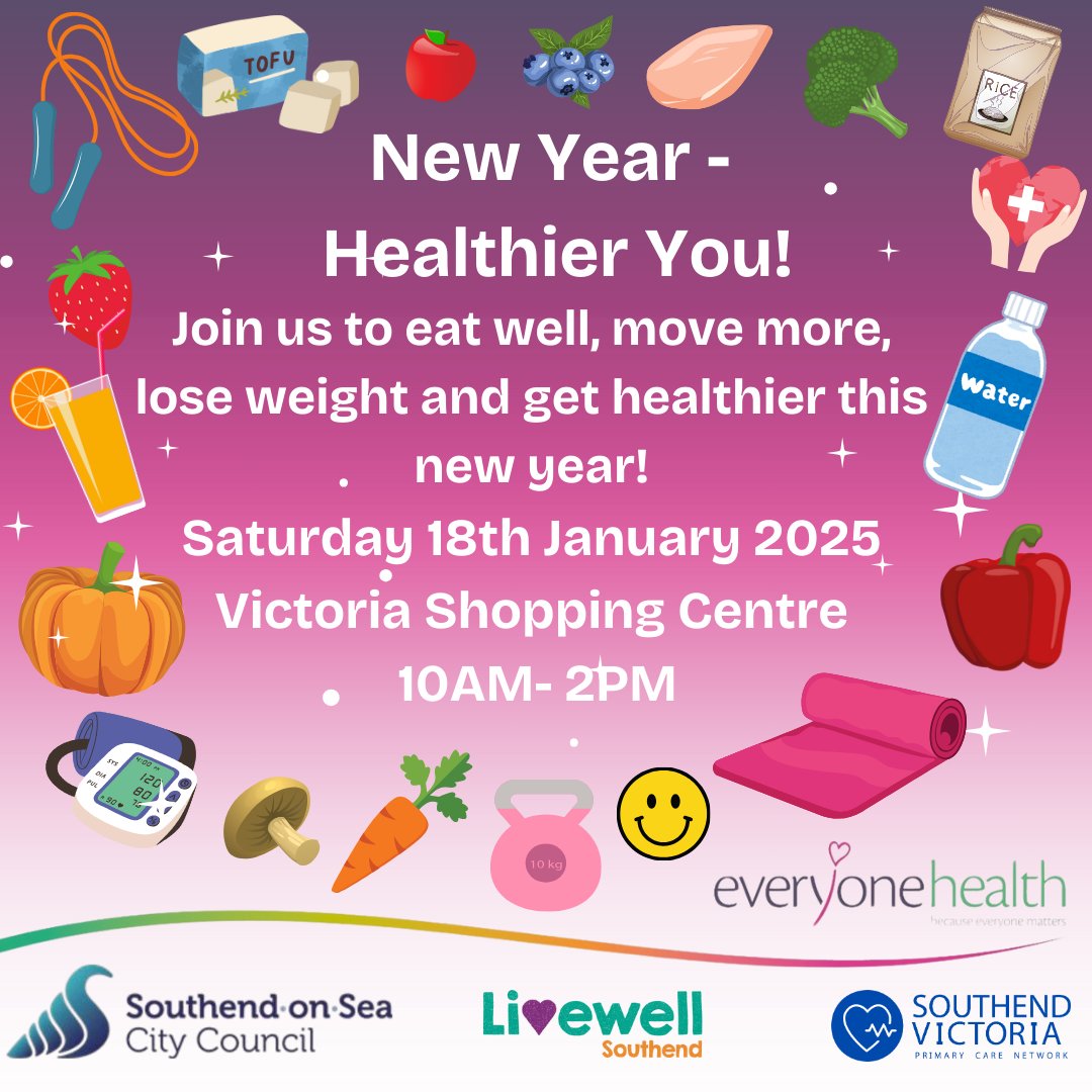 Livewell Southend (@livewellonsea) on Twitter photo A health and wellbeing event is being held at Victoria Plaza Shopping Centre on Saturday 18 January from 10am – 2pm. Come along for a free blood pressure check, healthy eating and exercise advice, stop smoking support and more.
Further info: orlo.uk/lCTQZ <a href="/PHSouthend/">Healthy Southend</a> A health and wellbeing event is being held at Victoria Plaza Shopping Centre on Saturday 18 January from 10am – 2pm. Come along for a free blood pressure check, healthy eating and exercise advice, stop smoking support and more.
Further info: orlo.uk/lCTQZ <a href="/PHSouthend/">Healthy Southend</a>